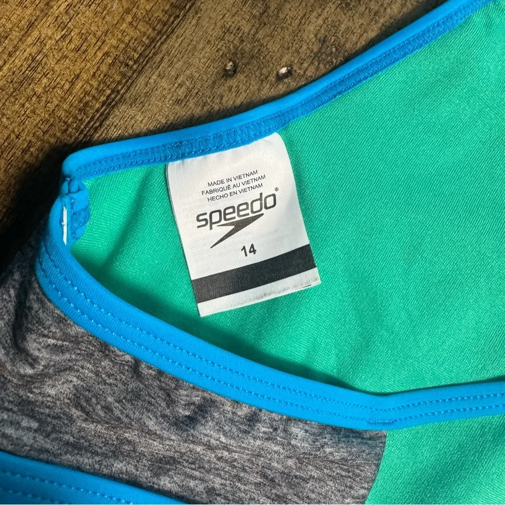 EUC Speedo Digi Zigzag Heather‎ Bikini Top Blue Gray Kids Size 14 Athletic Swim